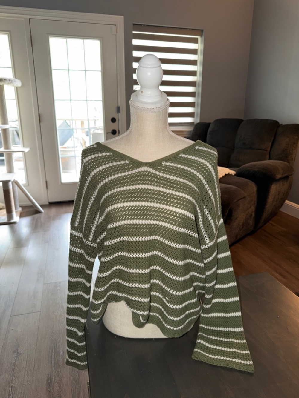 Old Navy Olive and White Striped V-Neck Sweater